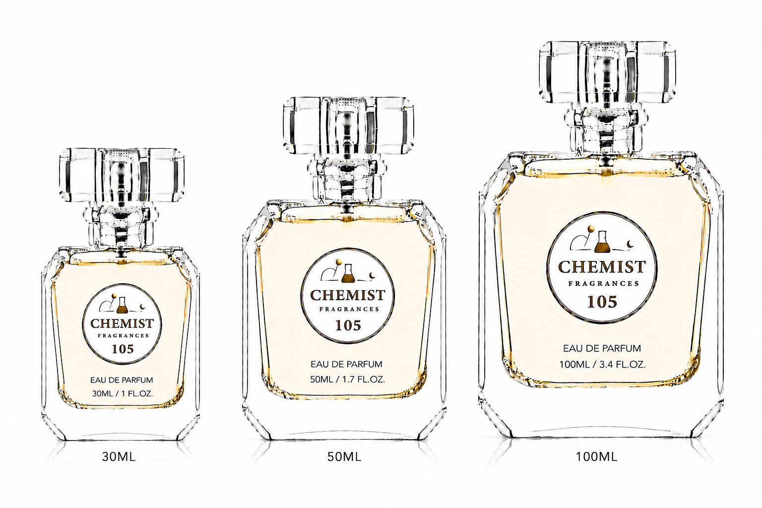 Three sizes of Chemist Fragrances 105 Eau de Parfum bottles on a white background.